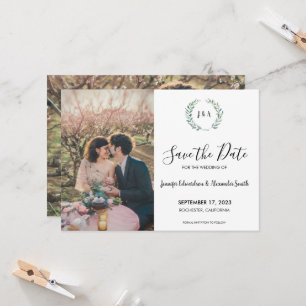 Rustic leaves monogram photo Save the Date Invitation