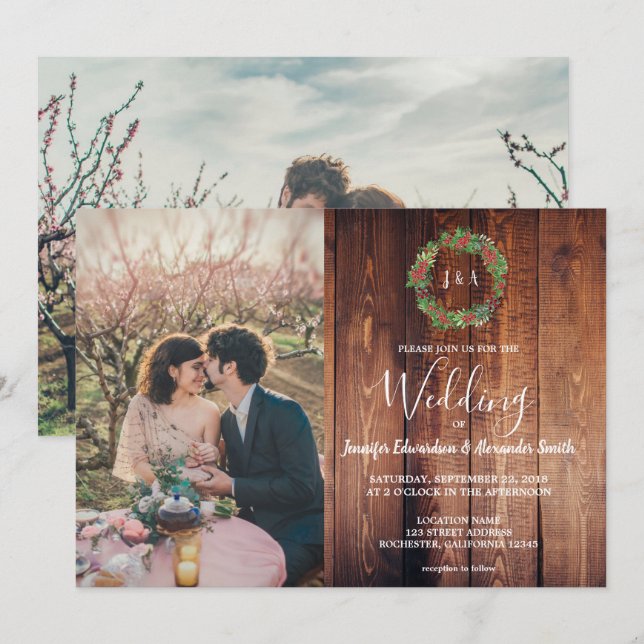 Rustic leaves on barn wood monogram photo Wedding Invitation (Front/Back)