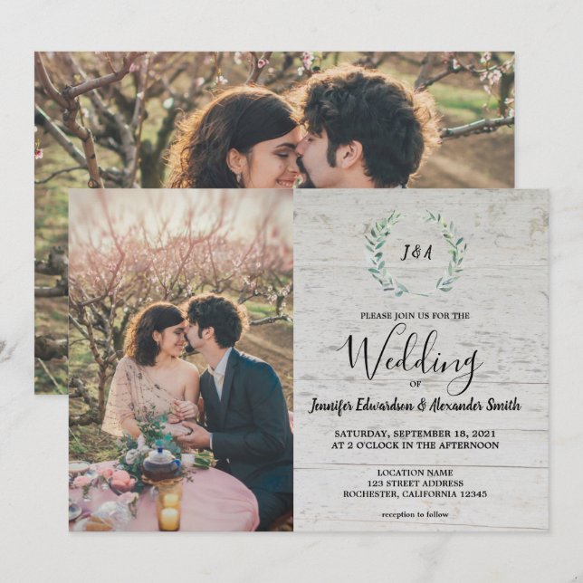 Rustic leaves on barn wood monogram photo Wedding  Invitation (Front/Back)