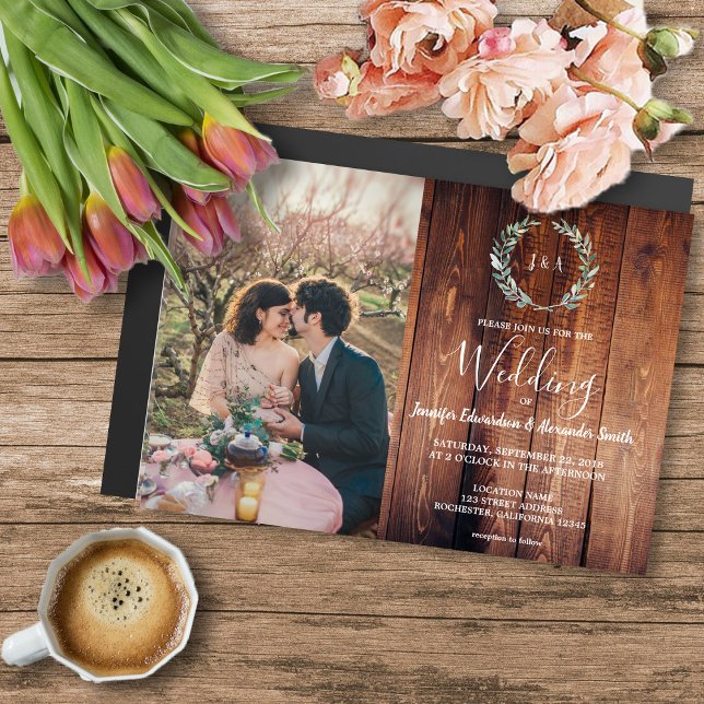 Rustic leaves on barn wood monogram photo Wedding Magnetic Invitation (Rustic watercolor leaves, barn wood photo magnetic wedding invitation.)
