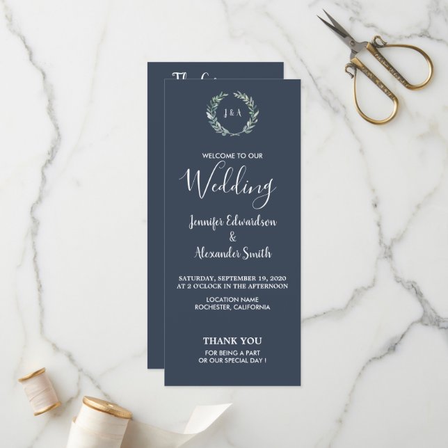 Rustic leaves on navy blue wedding program programme (Front/Back In Situ)