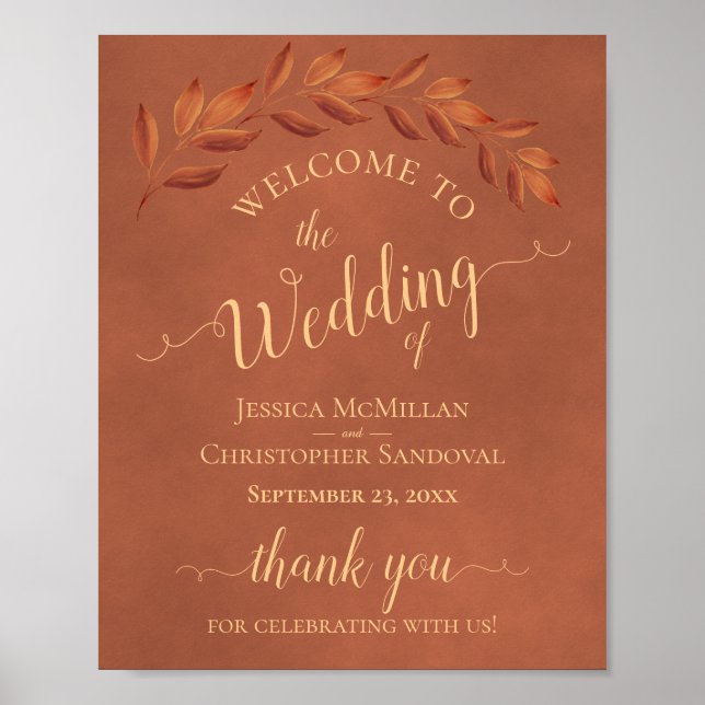 Rustic Leaves on Terracotta Wedding Welcome Sign (Front)