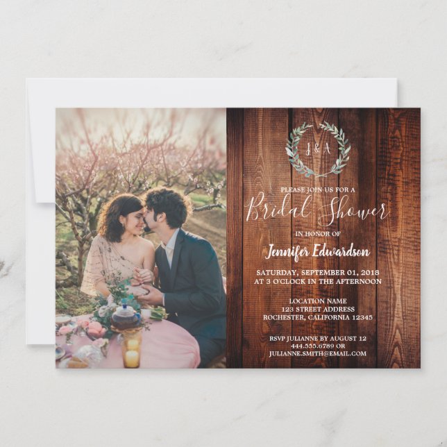 Rustic leaves on wood monogram photo Bridal Shower Invitation (Front)
