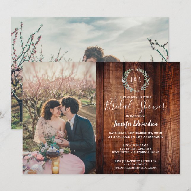 Rustic leaves on wood monogram photo Bridal Shower Invitation (Front/Back)