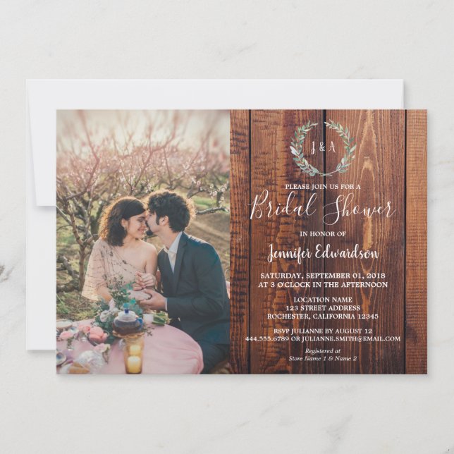 Rustic leaves on wood monogram photo Bridal Shower Invitation (Front)