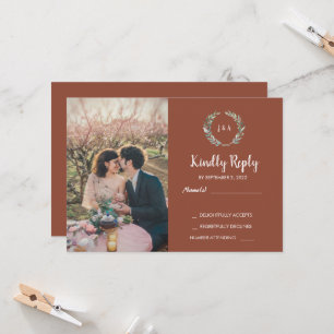 Rustic leaves on wood monogram photo RSVP Wedding Invitation