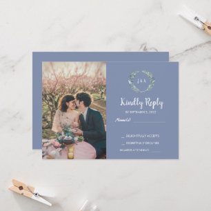 Rustic leaves on wood monogram photo RSVP Wedding Invitation