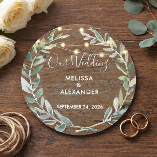 Rustic leaves on wood string lights wedding classic round sticker