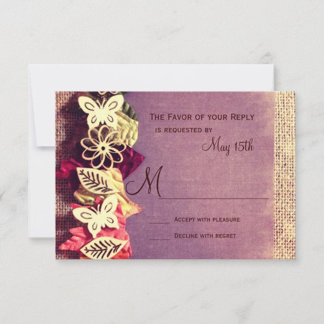 Rustic Leaves Purple Fall Wedding RSVP Cards (Front)