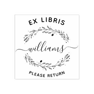 Rustic Leaves Script Family Name Ex Libris Book Rubber Stamp