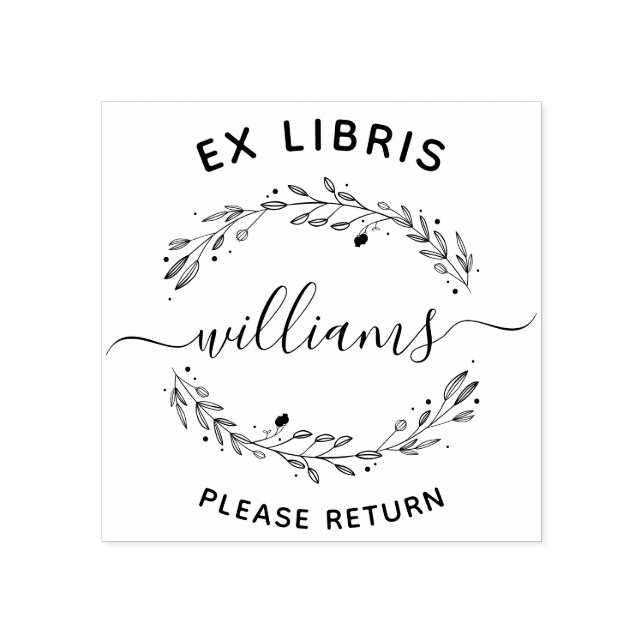 Rustic Leaves Script Family Name Ex Libris Book Rubber Stamp (Imprint)