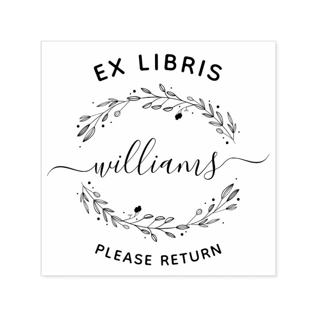 Rustic Leaves Script Family Name Ex Libris Book Self-inking Stamp (Design)
