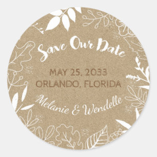 Rustic Leaves Wedding Save the Date Classic Round Sticker