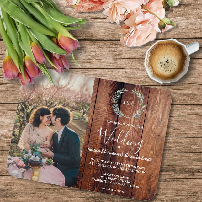 Rustic leaves wood monogram photo Wedding Magnet (Rustic wood, watercolor leaves, monogrammed photo wedding magnetic invitation,)