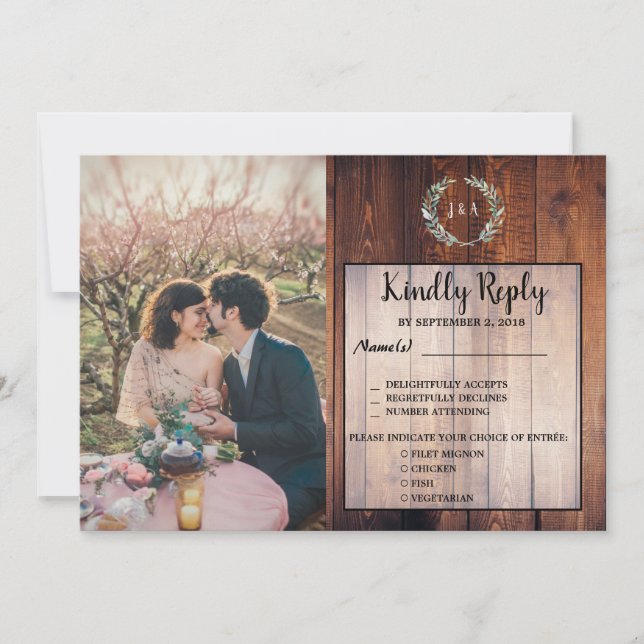 Rustic leaves wood photo Wedding RSVP meal choice Invitation (Front)