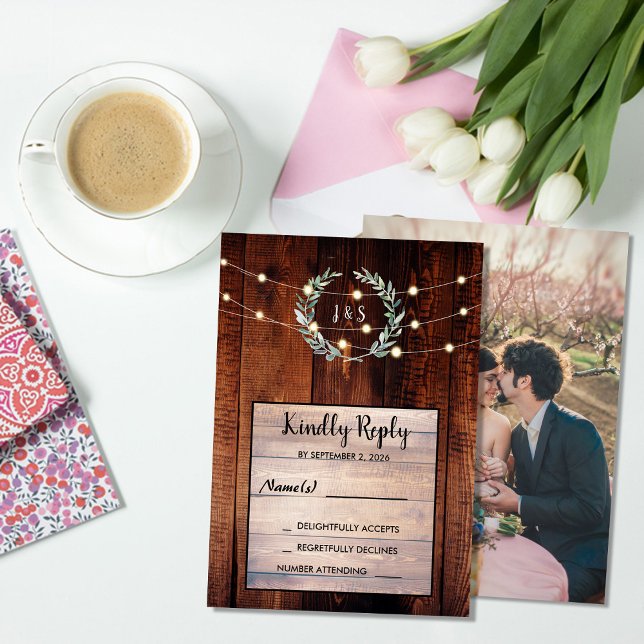 Rustic leaves wood string lights Wedding RSVP  Invitation (Rustic leaves wood string lights Wedding RSVP Invitation. You can add your own photo and text,)