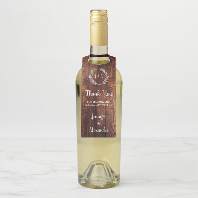 Rustic leaves wood Thank you wedding Bottle Tag (On Bottle)