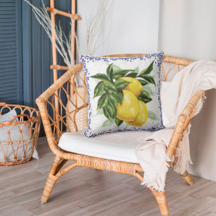 Rustic Lemon and Blue Toile Border Accent Cushion
