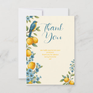 Rustic lemon and bluebird bridal shower thank you card