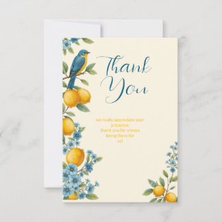 Rustic lemon and bluebird bridal shower thank you card