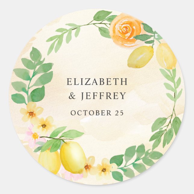 Rustic Lemon Citrus Boho Summer Wedding Classic Round Sticker (Front)