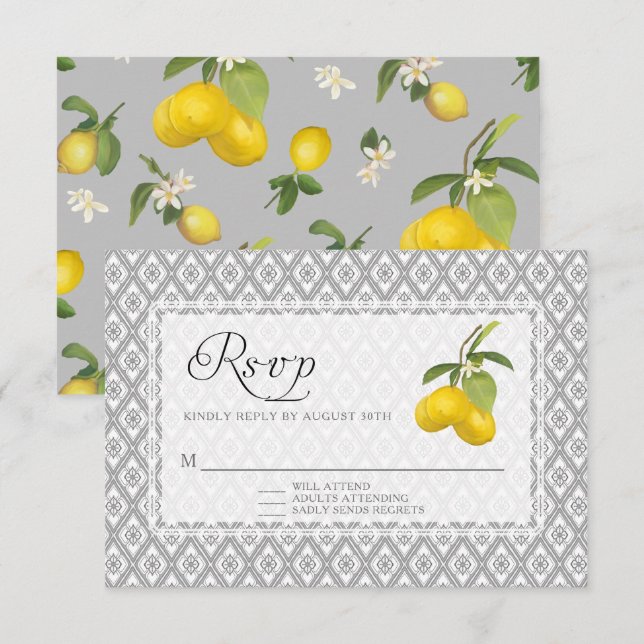 Rustic Lemon Citrus Floral Yellow Grey White RSVP (Front/Back)