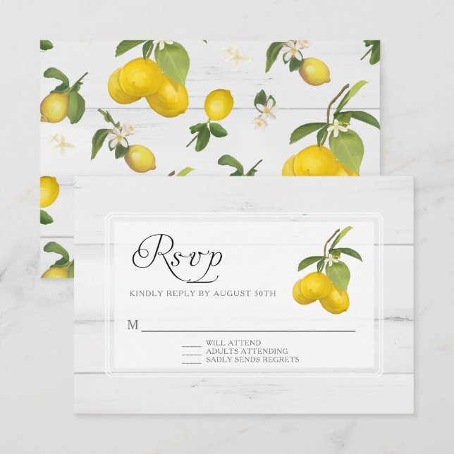 Rustic Lemon Citrus Floral Yellow White Wood  RSVP Card (Front/Back)