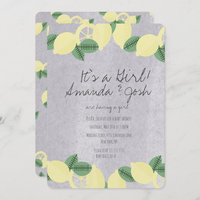 Rustic Lemon Citrus Vintage Stone Baby Shower Invitation (Front/Back)