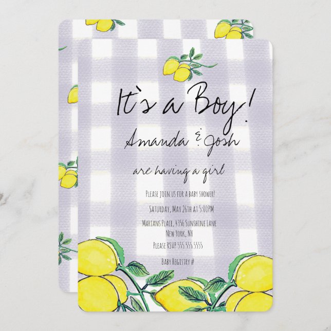 Rustic Lemon Watercolor Citrus Country Baby Shower Invitation (Front/Back)
