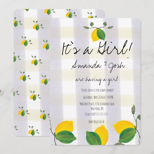 Rustic Lemon Watercolor Citrus Country Baby Shower Invitation (Front/Back)