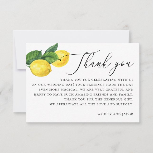 Rustic Lemon Wedding | Watercolor Citrus Grove Thank You Card (Front)