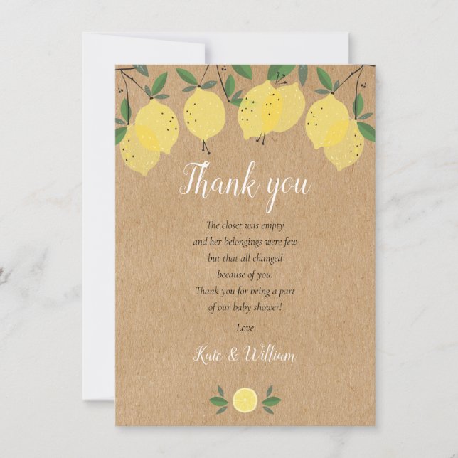Rustic Lemons Baby Shower Poem Thank You Card (Front)