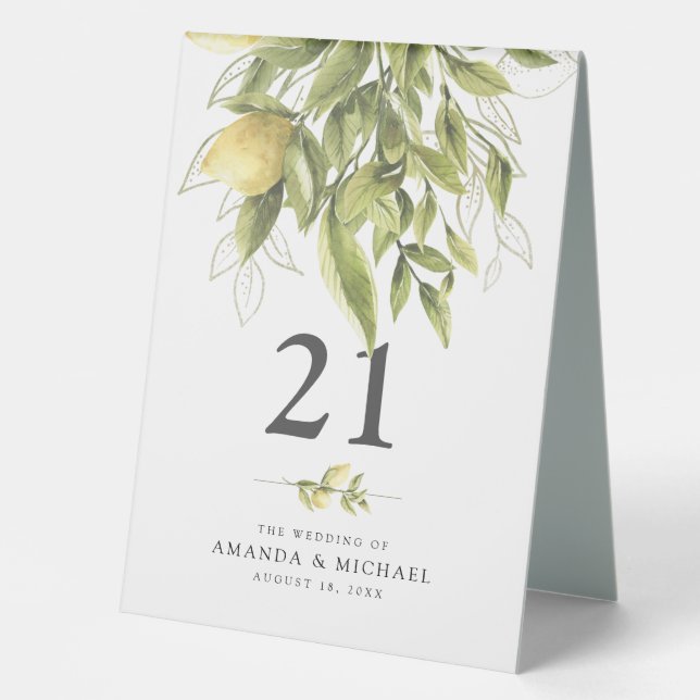 Rustic Lemons Greenery Wedding Table Tent Sign (Front)