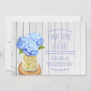Rustic Lemons Jar & Blue Hydrangea Wedding Invitation