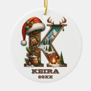 Rustic Letter 'K' Decorated with a Christmas Scene Ceramic Tree Decoration