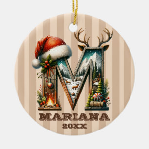 Rustic Letter M Christmas with Cosy Cabin Charm Ceramic Tree Decoration
