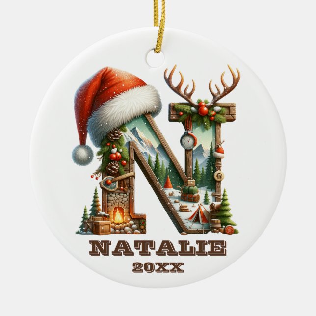 Rustic Letter N with Festive Winter Scene Ceramic Tree Decoration (Front)