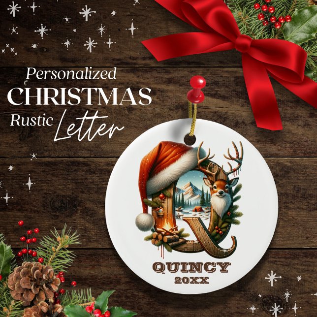 Rustic Letter Q Christmas Scene Personalizable Ceramic Tree Decoration (Creator Uploaded)