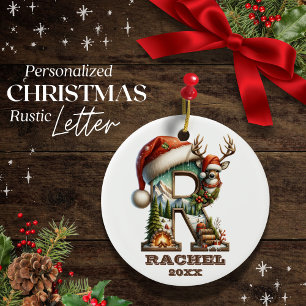Rustic Letter R Christmas Reindeer Personalizable Ceramic Tree Decoration