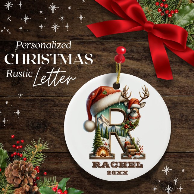 Rustic Letter R Christmas Reindeer Personalizable Ceramic Tree Decoration (Creator Uploaded)