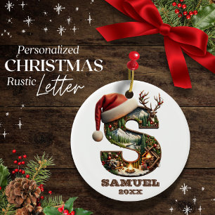 Rustic Letter S Festive Winter Scene Personalised Ceramic Tree Decoration
