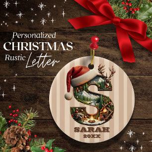 Rustic Letter S Vintage Christmas Personalizable Ceramic Tree Decoration