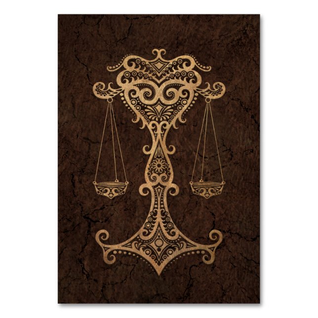 Rustic Libra Zodiac Sign on Stone Effect Table Number (Front)