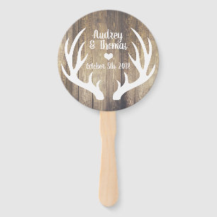 Rustic Light Barn Wood & White Deer Antler Wedding Hand Fan