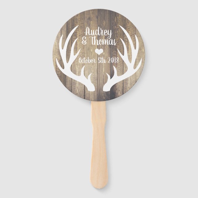 Rustic Light Barn Wood & White Deer Antler Wedding Hand Fan (Front)