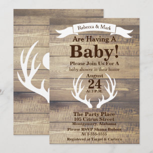 Rustic Light Barn Wood & White Deer Antlers Banner Invitation
