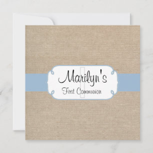 Rustic Light Blue and Beige Burlap First Communion Invitation