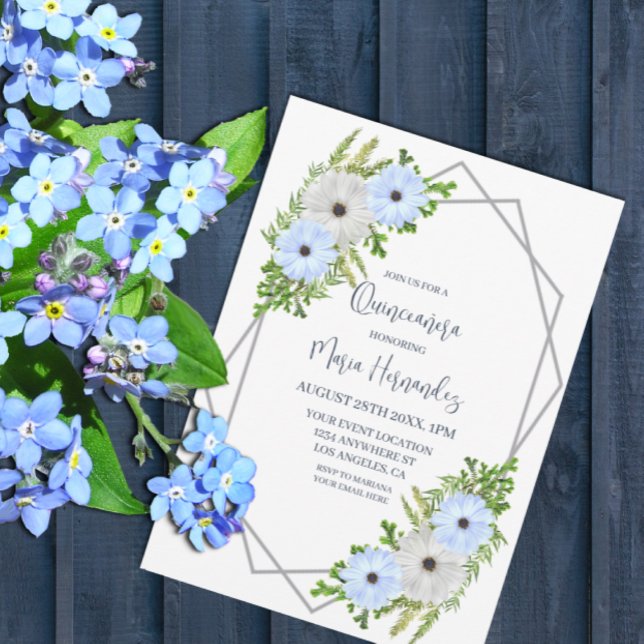 Rustic Light Blue and White Floral Quinceañera  Invitation (Creator Uploaded)