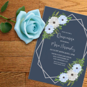 Rustic Light Blue and White Floral Quinceañera Invitation