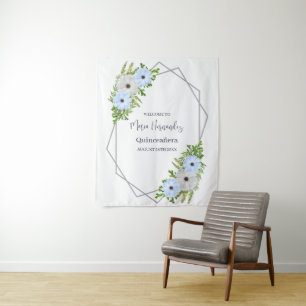 Rustic Light Blue and White Floral Quinceañera Tapestry